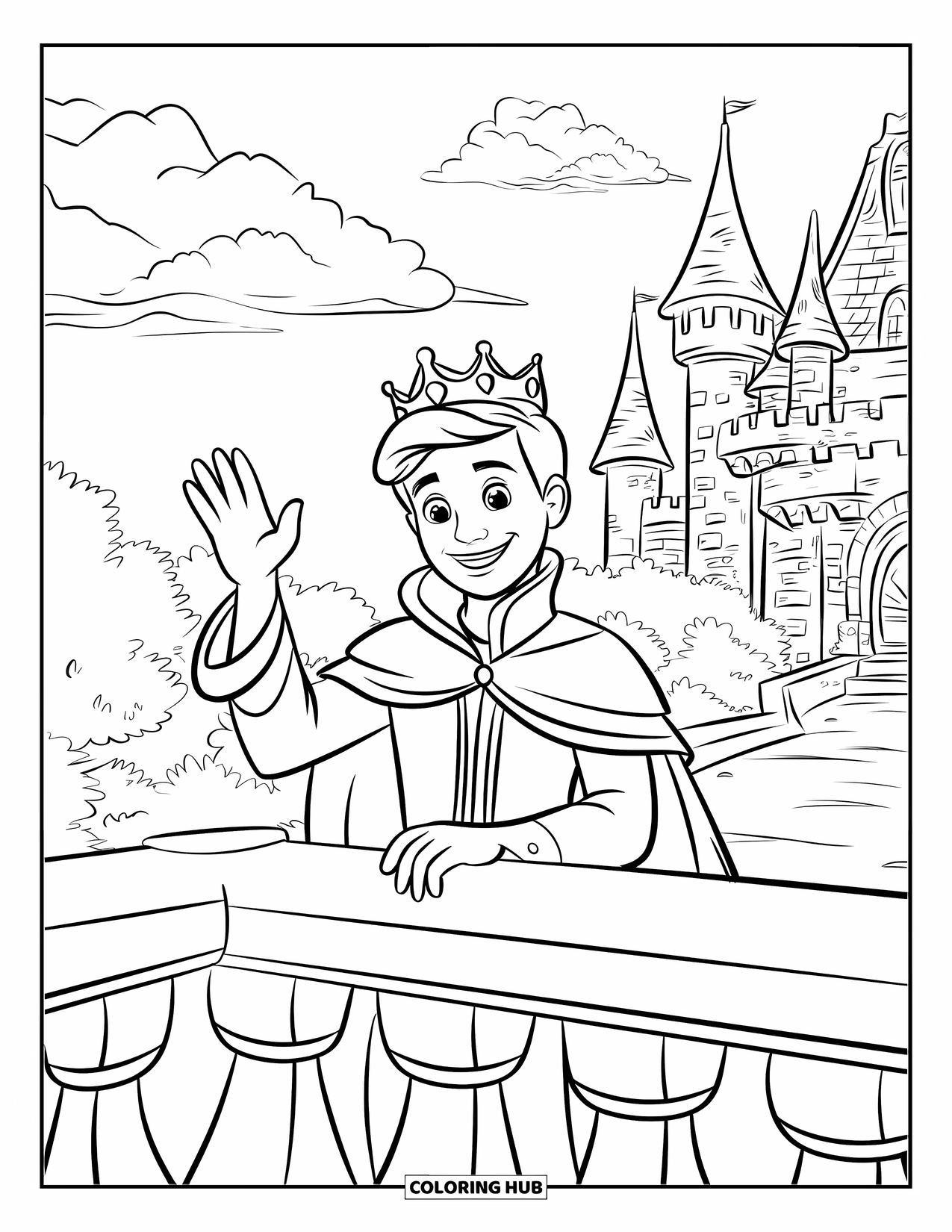 Prince Coloring Page for Kids: A crowned prince waves from a castle balcony surrounded by trees