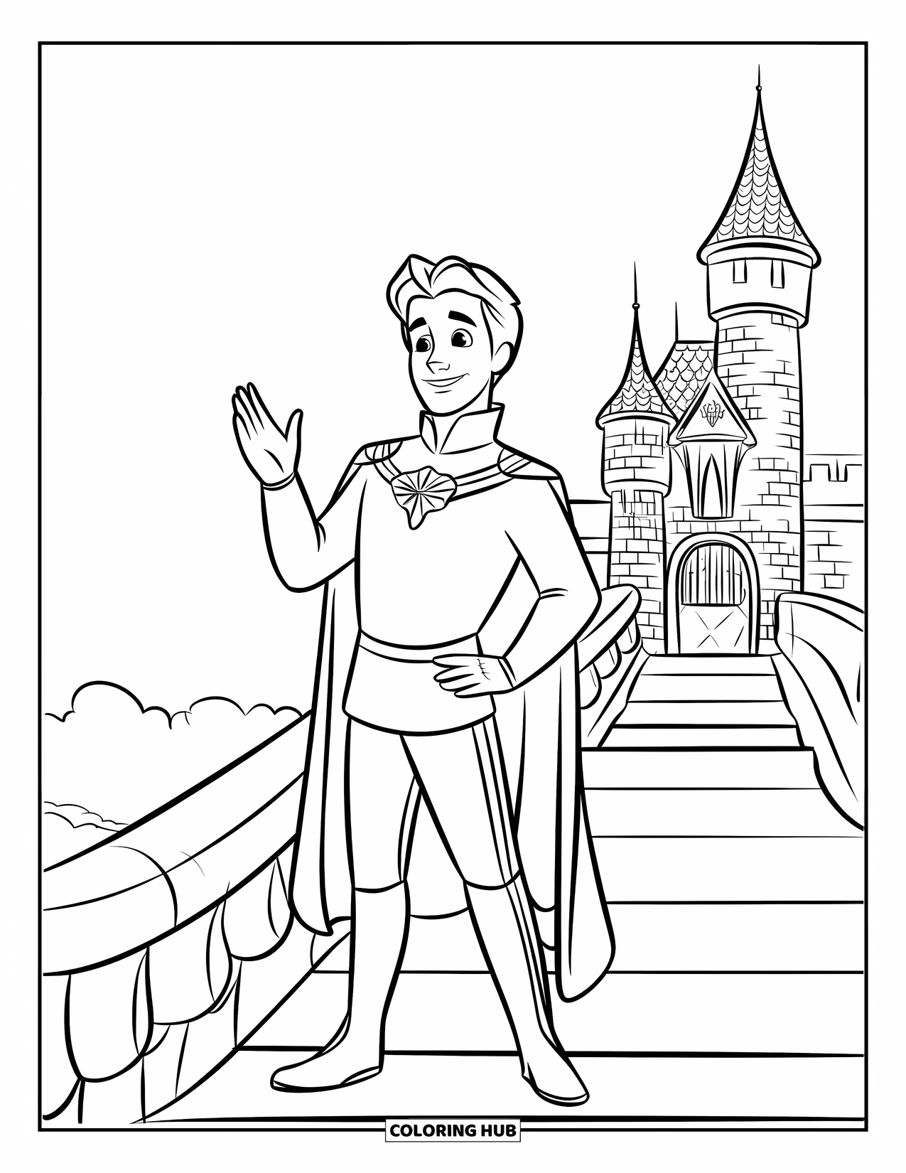 Prince Coloring Page for Kids: A crowned prince waves on castle steps with towers behind him