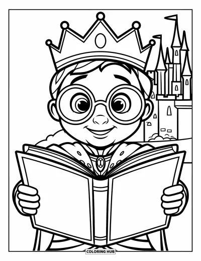 Coloriage de prince pour enfants : Un prince couronné avec des lunettes tient un grand livre près d'un château