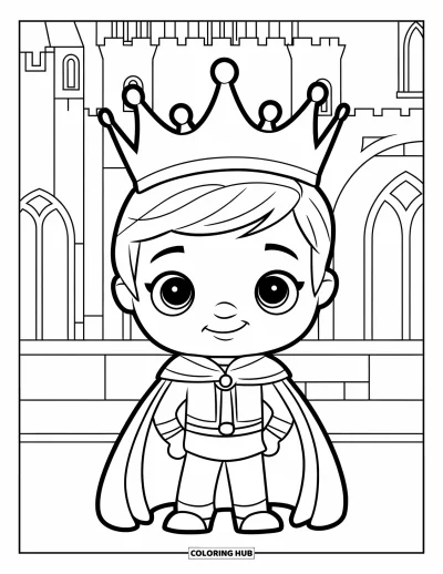 Coloriage de prince pour enfants : Un adorable prince en cape se tient devant un château aux hautes tours