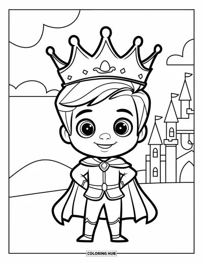 Coloriage de prince pour enfants : Un adorable prince en cape se tient souriant avec un château en arrière-plan