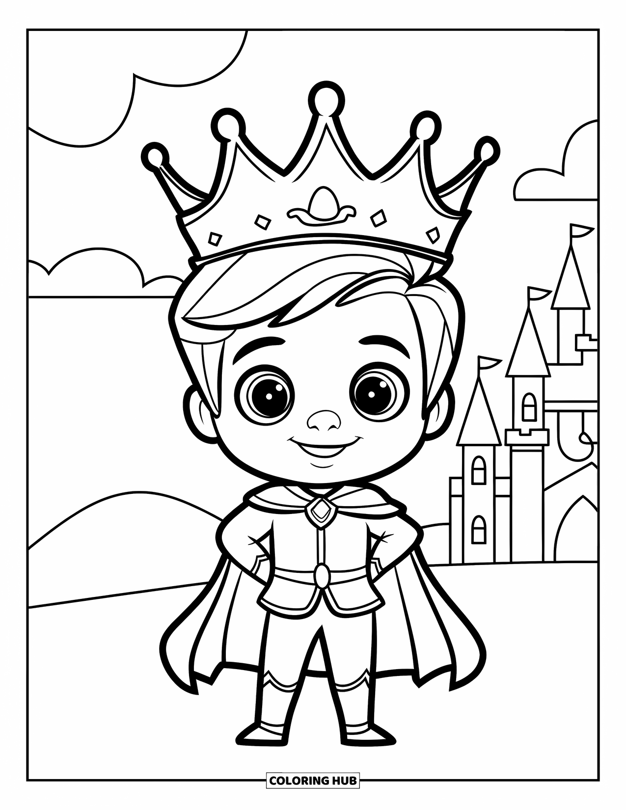 Prince Coloring Page for Kids: A cute prince in a cape stands smiling with a castle in the background