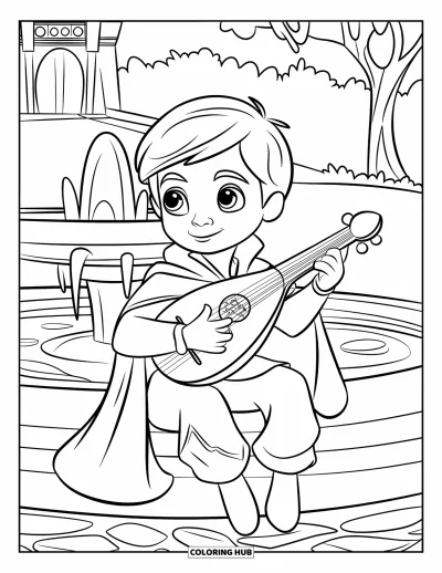 Coloriage de prince pour enfants : Un adorable prince joue du luth près d'une fontaine aux eaux vives