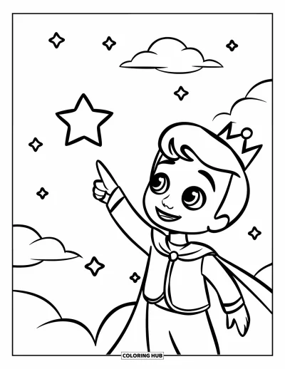 Coloriage de prince pour enfants : Un adorable prince pointe une étoile dans le ciel entouré de nuages