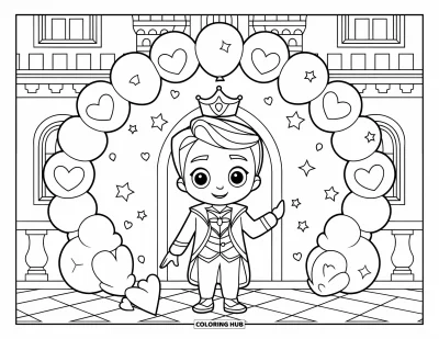 Coloriage de prince pour enfants : Un adorable prince se tient sous une arche de ballons décorée de cœurs et d'étoiles