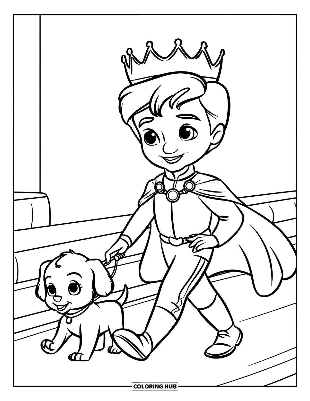 Prince Coloring Page for Kids: A friendly prince walks with a puppy wearing a collar