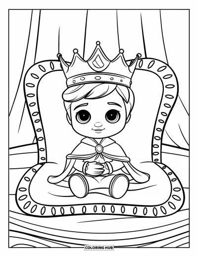 Coloriage de prince pour enfants : Un petit prince en robe est assis sur un coussin décoré
