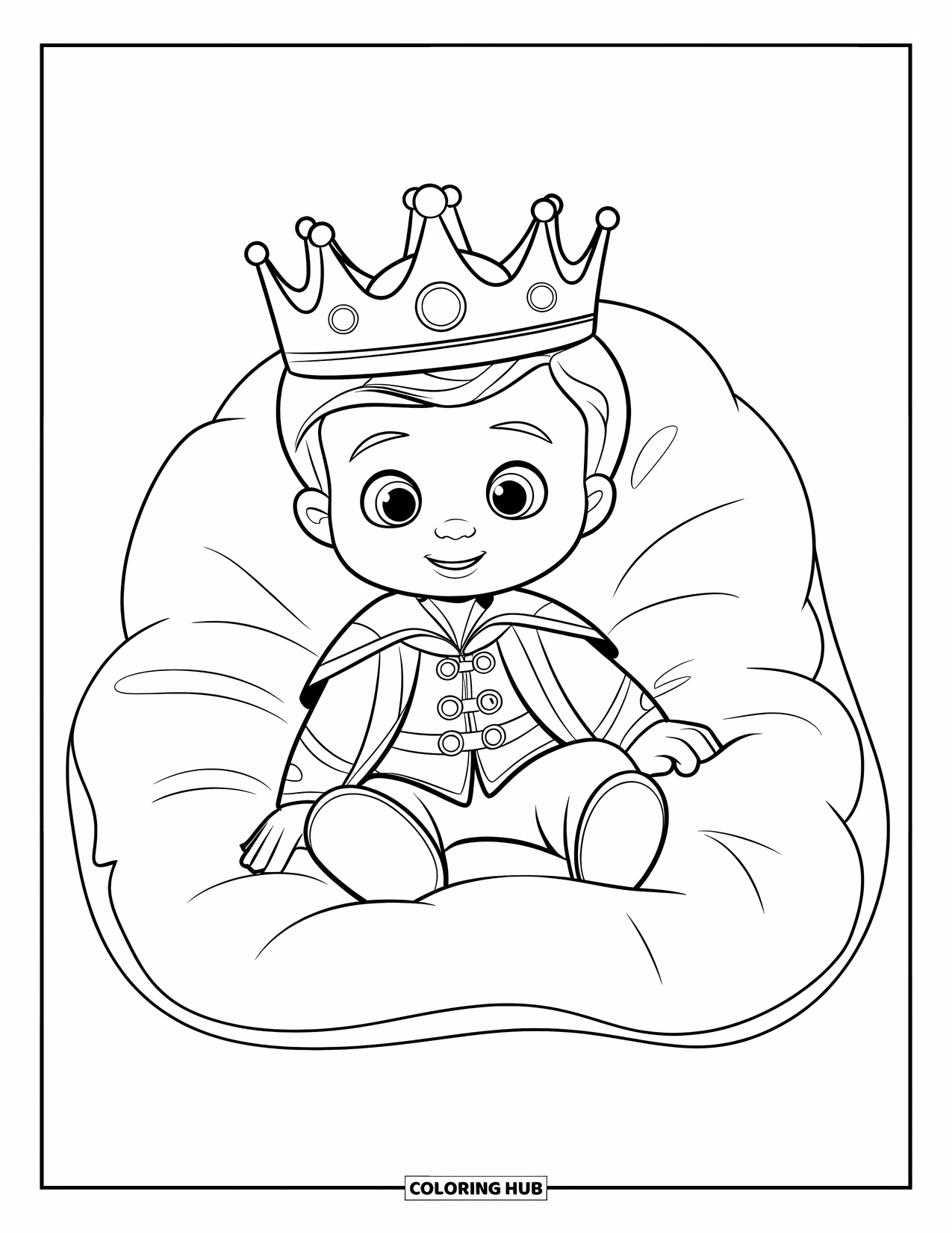 Prince Coloring Page for Kids: A little prince sits on a big fluffy cushion wearing a crown