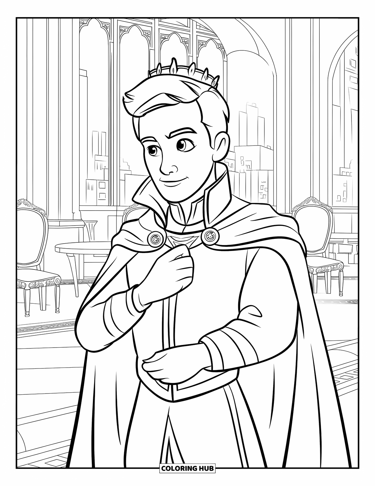 Prince Coloring Page for Kids: A prince adjusts his cape in a grand hall before an event