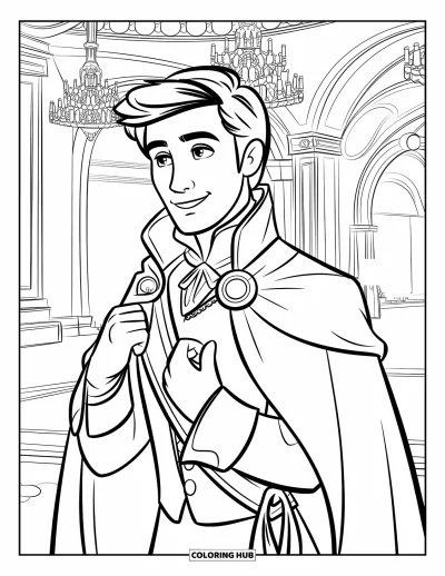 Coloriage de prince pour enfants : Un prince ajuste sa cape dans une grande salle avec un lustre