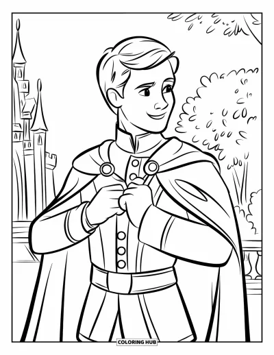 Coloriage de prince pour enfants : Un prince ajuste sa cape devant un château entouré d'arbres