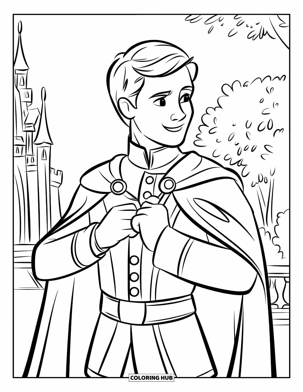 Prince Coloring Page for Kids: A prince adjusts his cape outside a castle with trees nearby