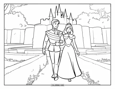 Coloriage de prince pour enfants : Un prince et une princesse se promènent dans un labyrinthe entouré de verdure et d'arbres
