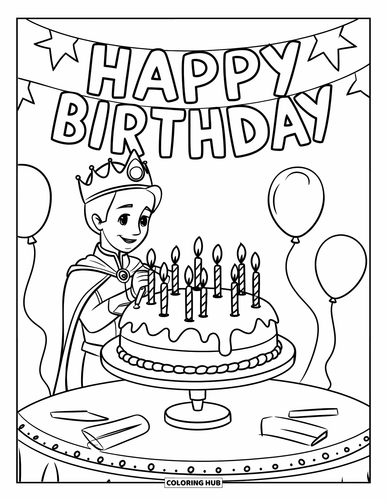 Prince Coloring Page for Kids: A prince decorates a large birthday cake with candles and balloons