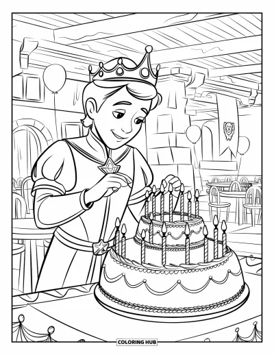 Coloriage de prince pour enfants : Un prince décore un gâteau d'anniversaire à étages dans une salle de festin
