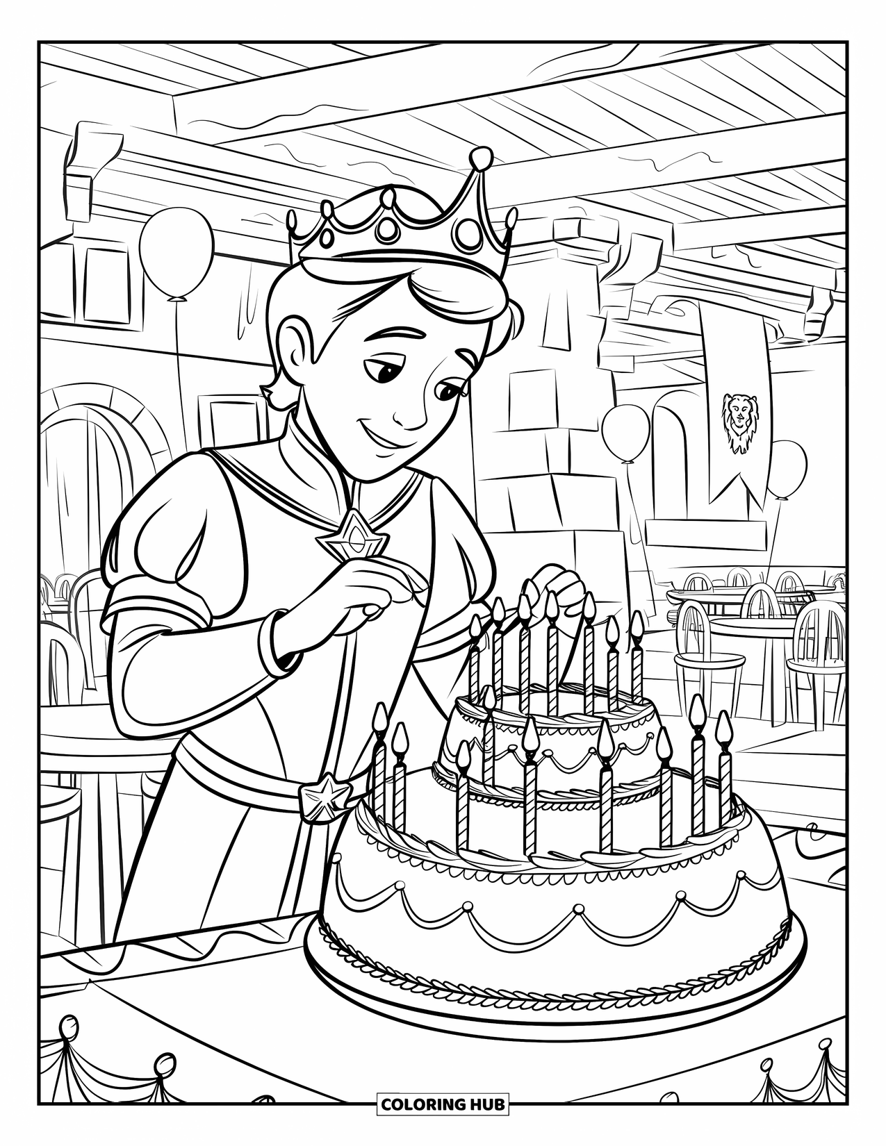 Prince Coloring Page for Kids: A prince decorates a layered birthday cake in a feast hall