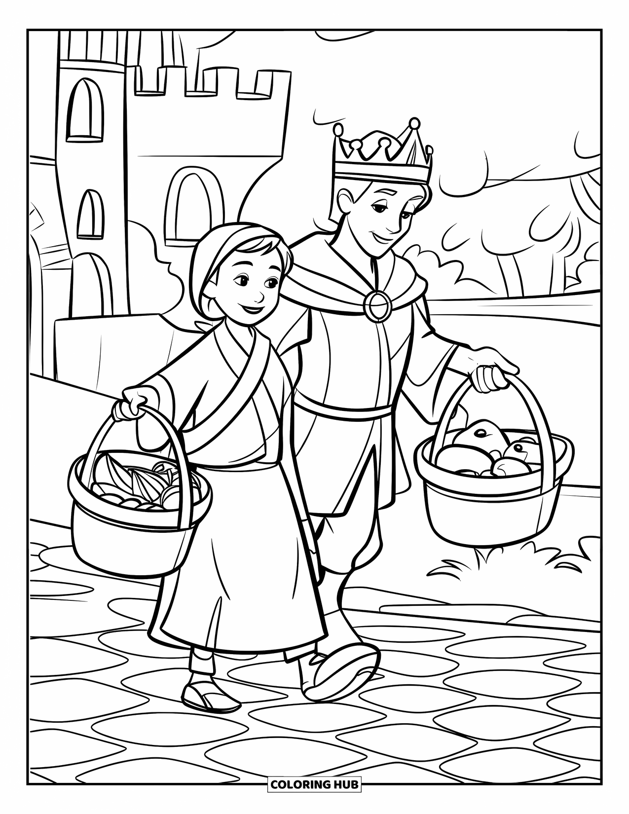 Prince Coloring Page for Kids: A prince helps a villager carry food baskets along a cobblestone path