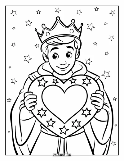 Coloriage de prince pour enfants : Un prince tient un grand cœur avec des étoiles dans le ciel
