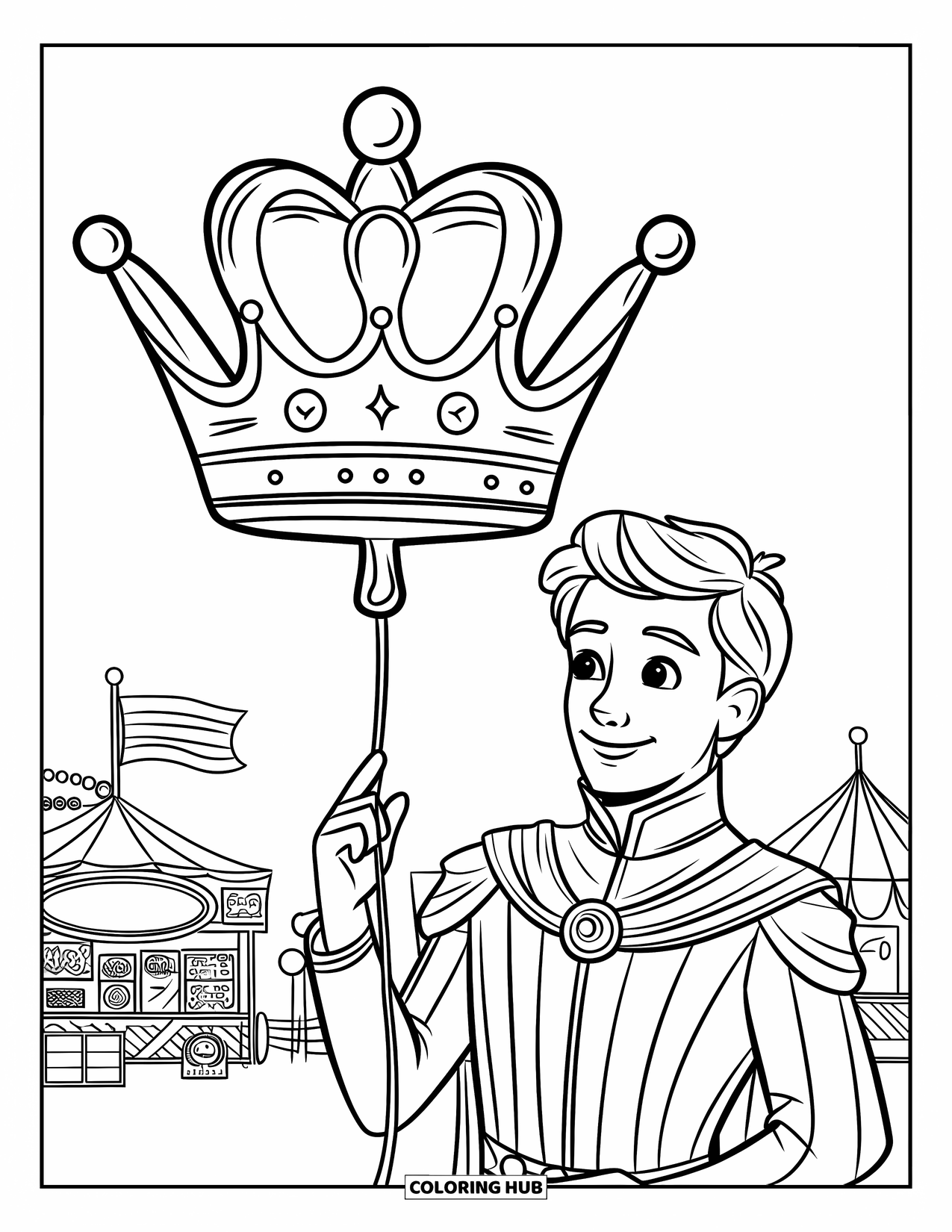 Prince Coloring Page for Kids: A prince holds a crown-shaped balloon at a lively fairground