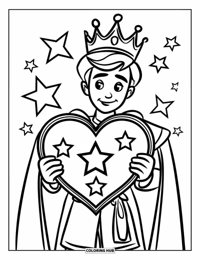 Coloriage de prince pour enfants : Un prince tient un grand cœur entouré d'étoiles scintillantes