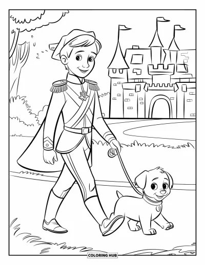 Coloriage de prince pour enfants : Un prince en uniforme se promène avec un chiot près d'un château