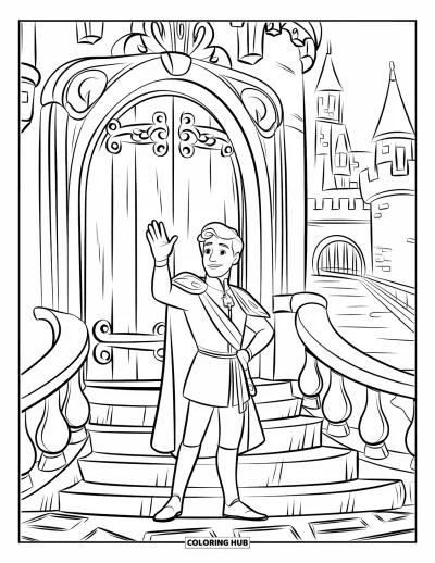 Coloriage de prince pour enfants : Un prince en couronne et robe salue depuis les marches d'un château devant une porte en bois