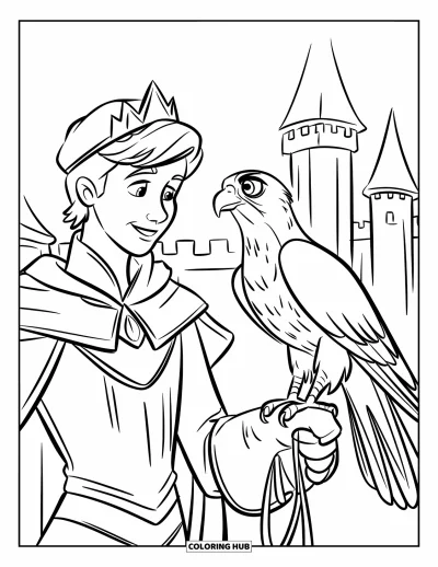 Coloriage de prince pour enfants : Un prince caresse un faucon perché sur son bras près d'un château