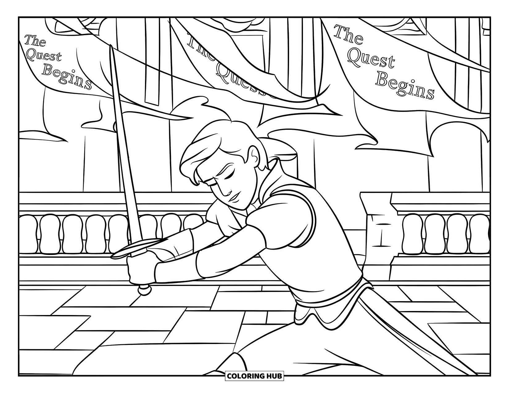 Prince Coloring Page for Kids: A prince practices swordplay under banners reading "The Quest Begins"