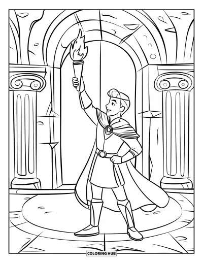 Coloriage de prince pour enfants : Un prince lève une torche dans une salle avec des colonnes et une porte