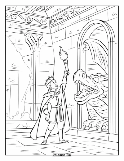 Coloriage de prince pour enfants : Un prince lève une torche près d'une statue de dragon révélant un passage secret