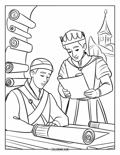 Coloriage de prince pour enfants : Un prince lit un parchemin pendant qu'un scribe écrit, entourés de rouleaux