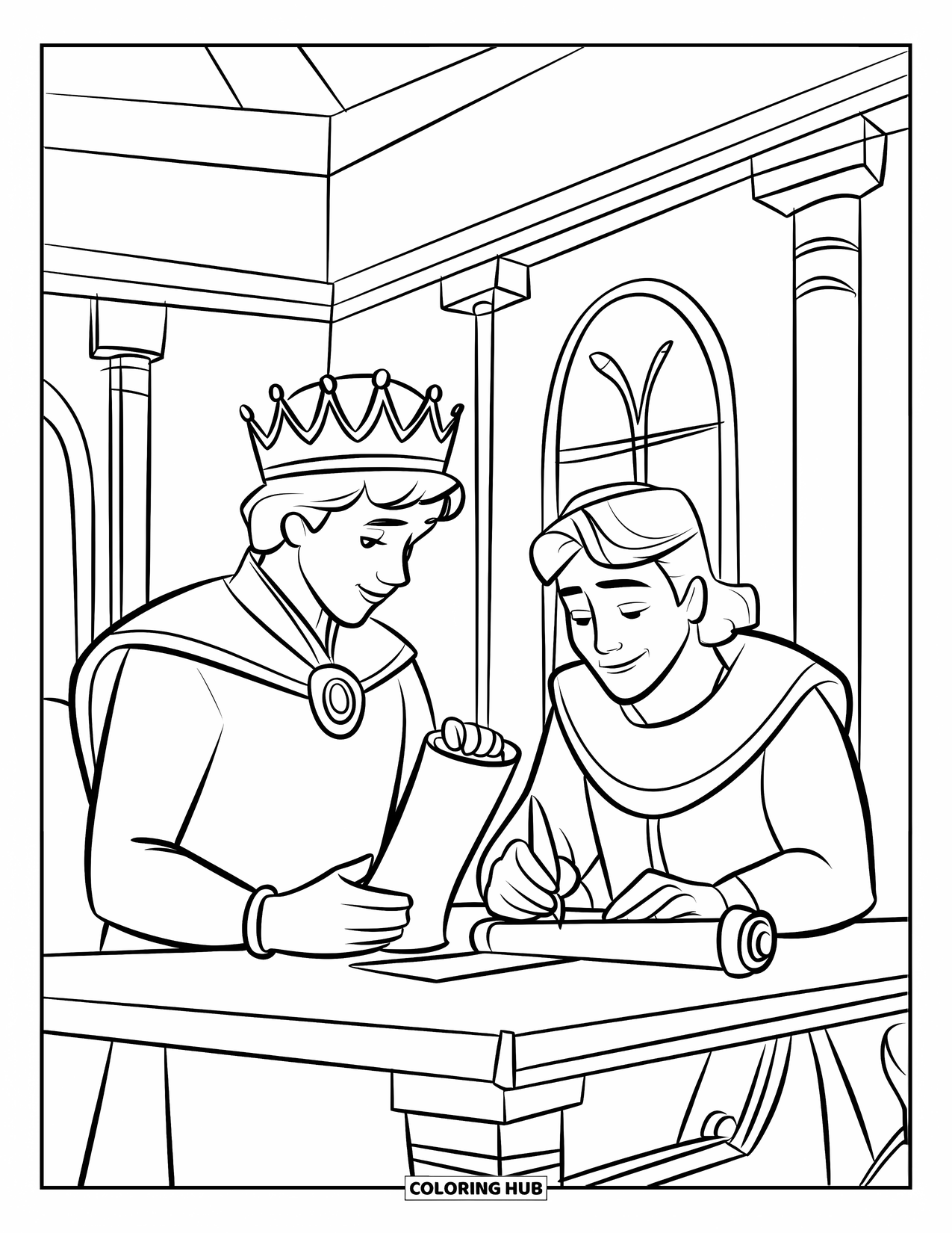 Prince Coloring Page for Kids: A prince reads a scroll beside a scribe writing at a desk