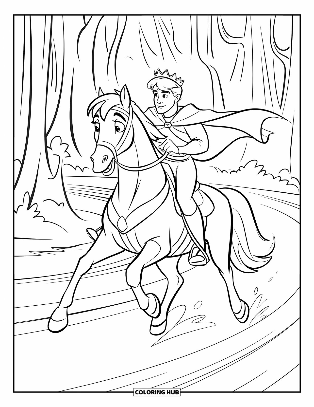 Prince Coloring Page for Kids: A prince rides a galloping horse along a curved forest pathway