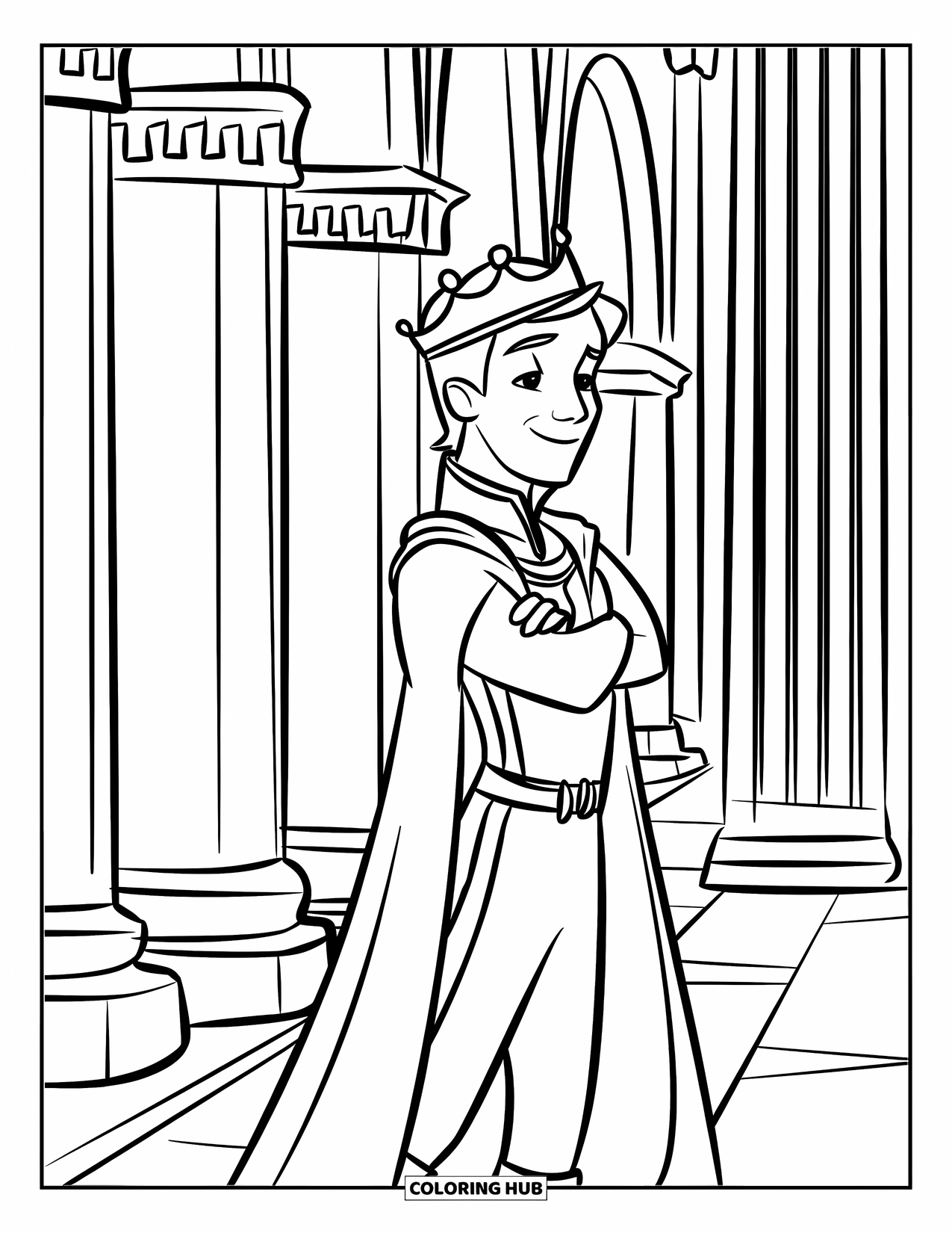 Prince Coloring Page for Kids: A prince stands confidently in a hallway lined with ornate columns