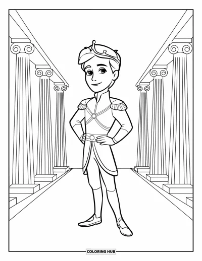 Coloriage de prince pour enfants : Un prince se tient dans une salle de colonnes classiques portant une couronne