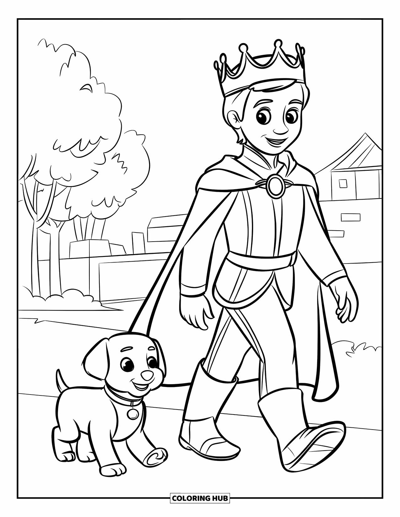 Prince Coloring Page for Kids: A prince walks with a puppy along a path with trees