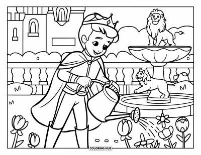 Coloriage de prince pour enfants : Un prince arrose des fleurs près d'une fontaine avec une statue de lion