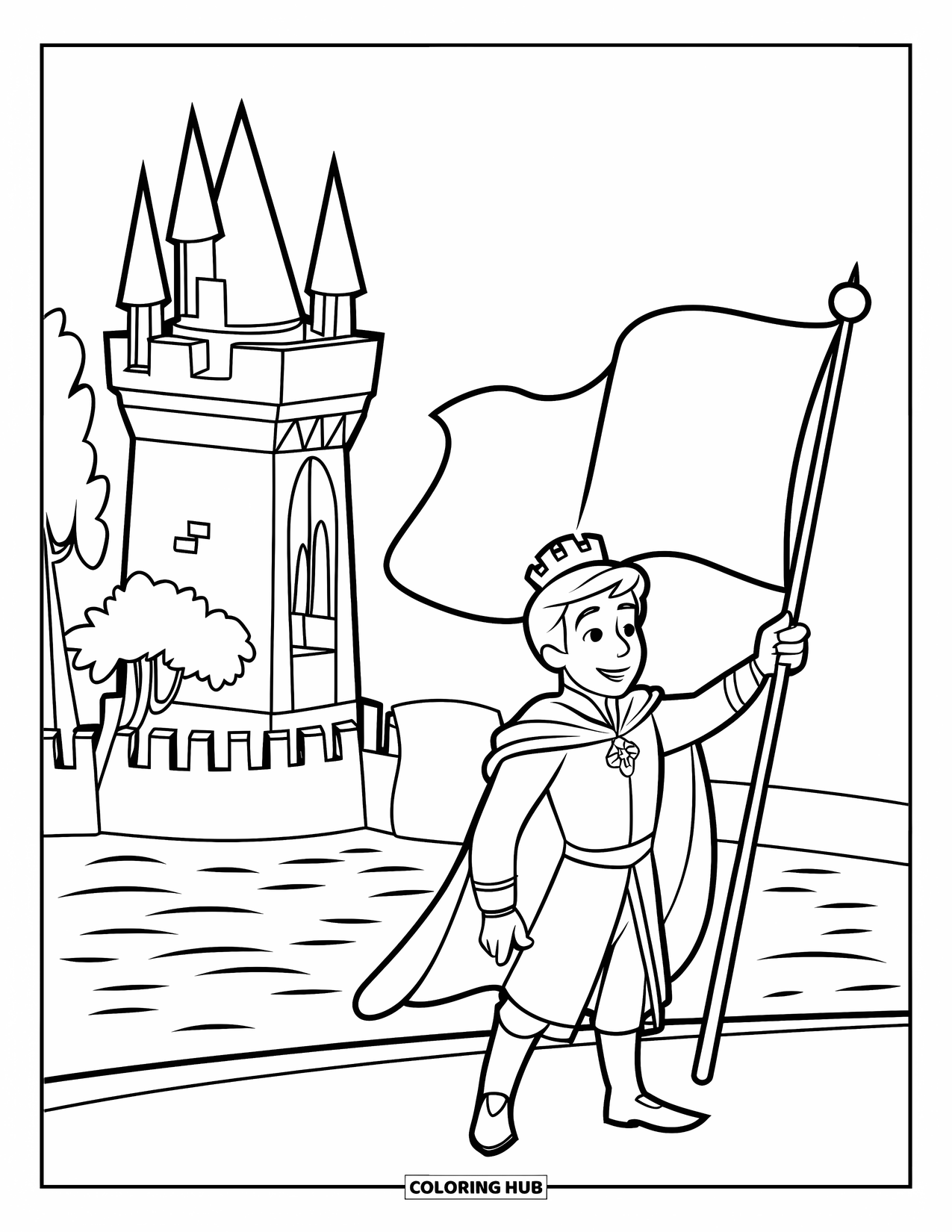 Prince Coloring Page for Kids: A prince waves a flag beside a castle tower with a moat