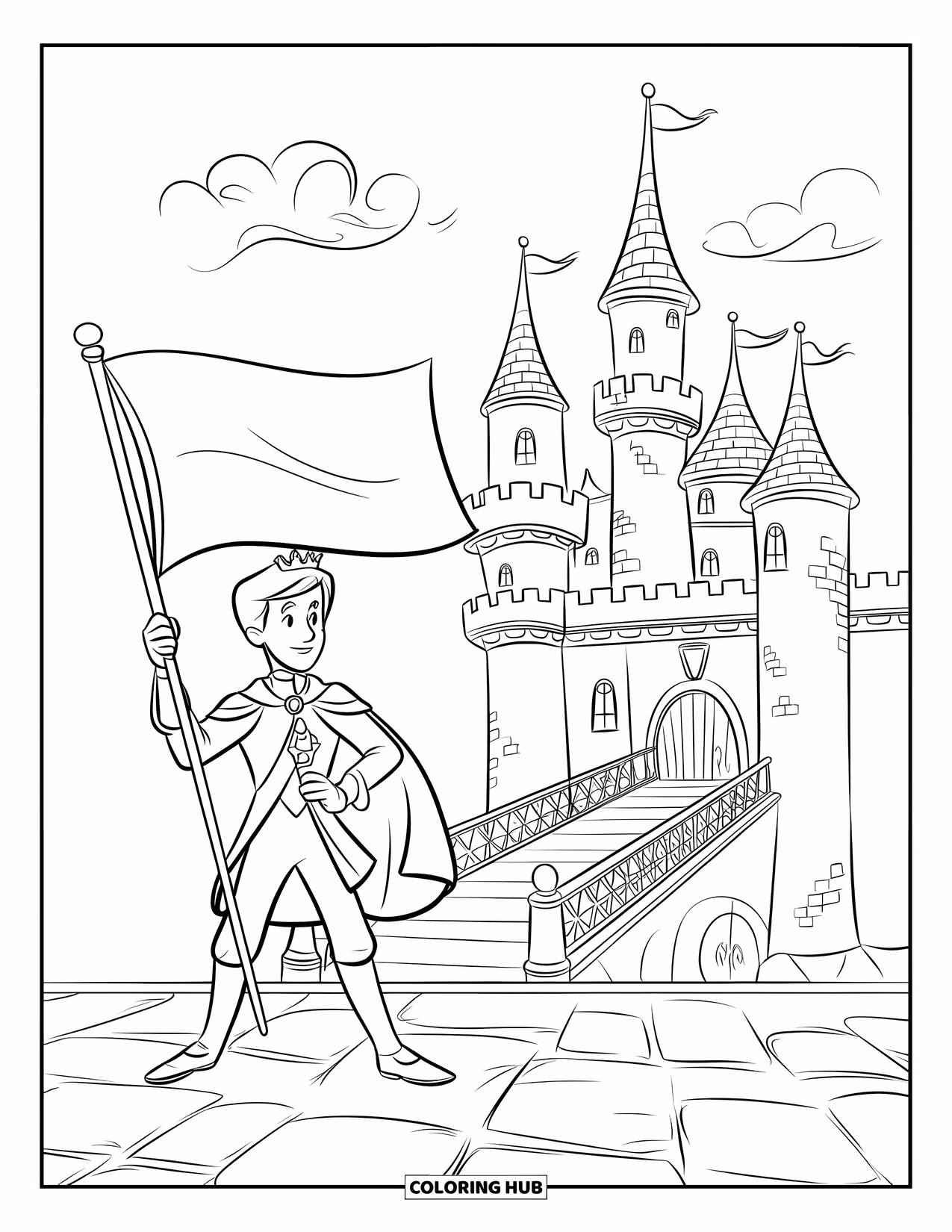 Prince Coloring Page for Kids: A prince waves a flag on a platform near castle towers