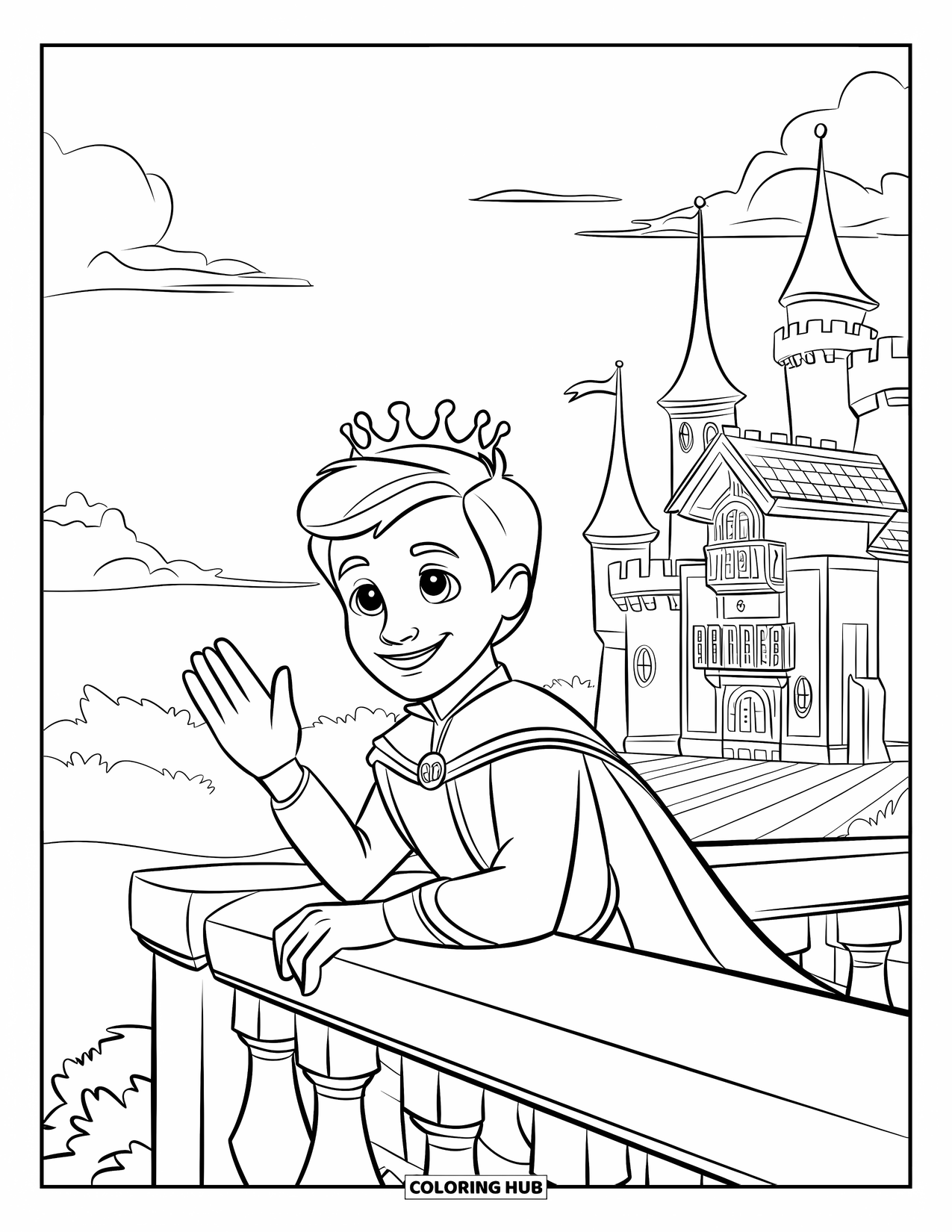 Prince Coloring Page for Kids: A prince waves from a castle balcony with clouds in the sky