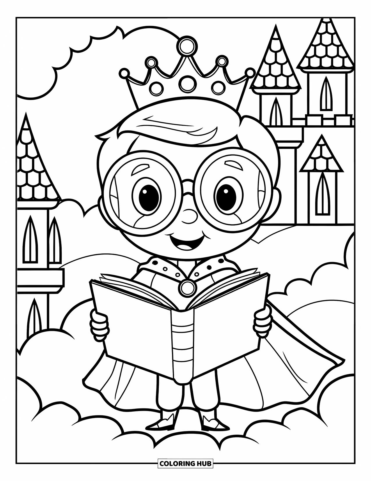 Prince Coloring Page for Kids: A prince with glasses stands on a cloud holding a book near a castle
