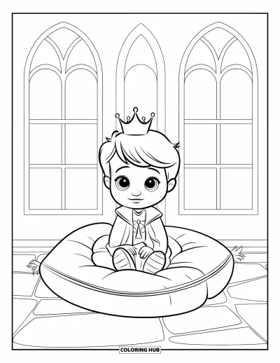 Coloriage de prince pour enfants : Un petit prince est assis sur un coussin dans un château aux fenêtres cintrées