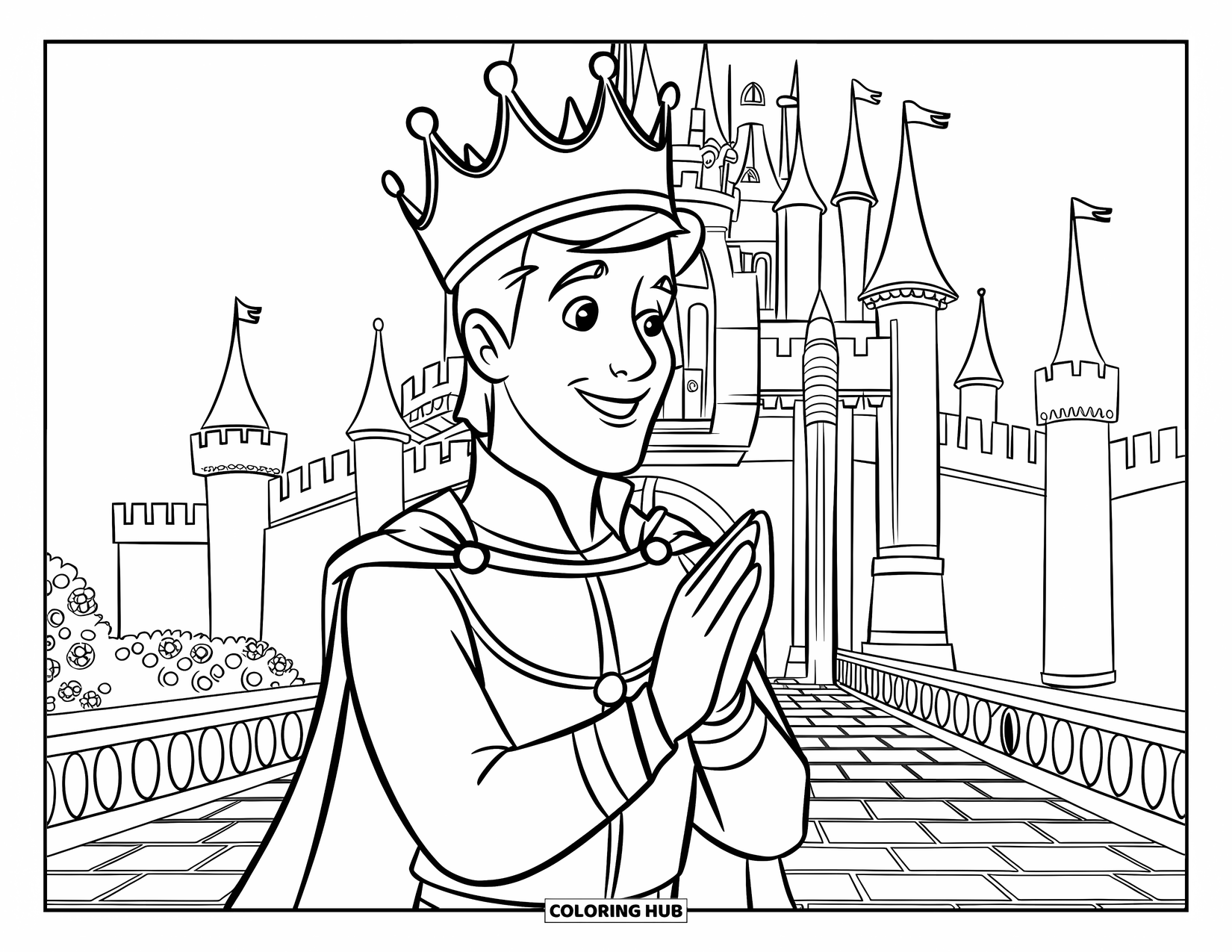 Prince Coloring Page for Kids: A smiling prince claps in a castle courtyard with plants nearby