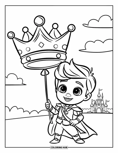 Coloriage de prince pour enfants : Un prince souriant tient un ballon en forme de couronne avec un château au loin