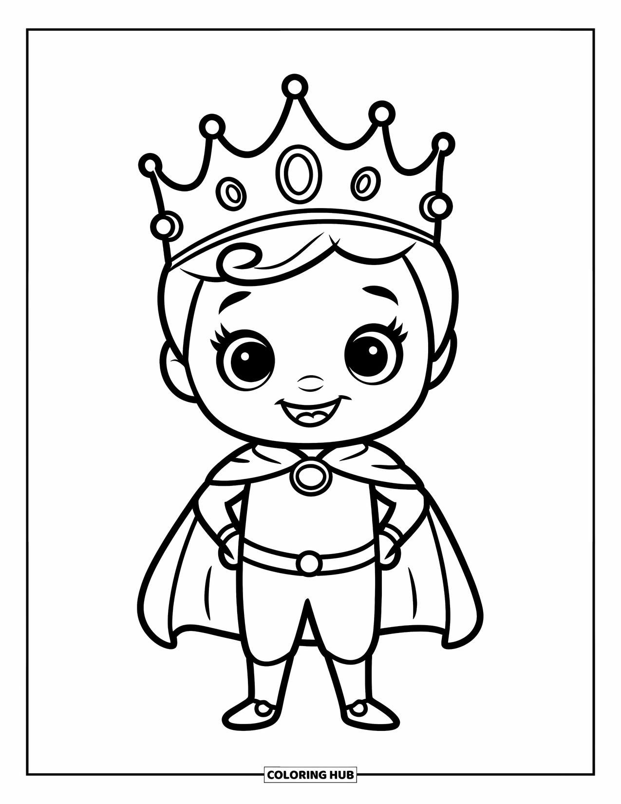 Prince Coloring Page for Kids: A smiling prince in a cape stands cheerfully with bold, playful design