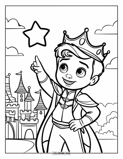 Coloriage de prince pour enfants : Un prince souriant pointe une étoile au-dessus d'un château avec des nuages