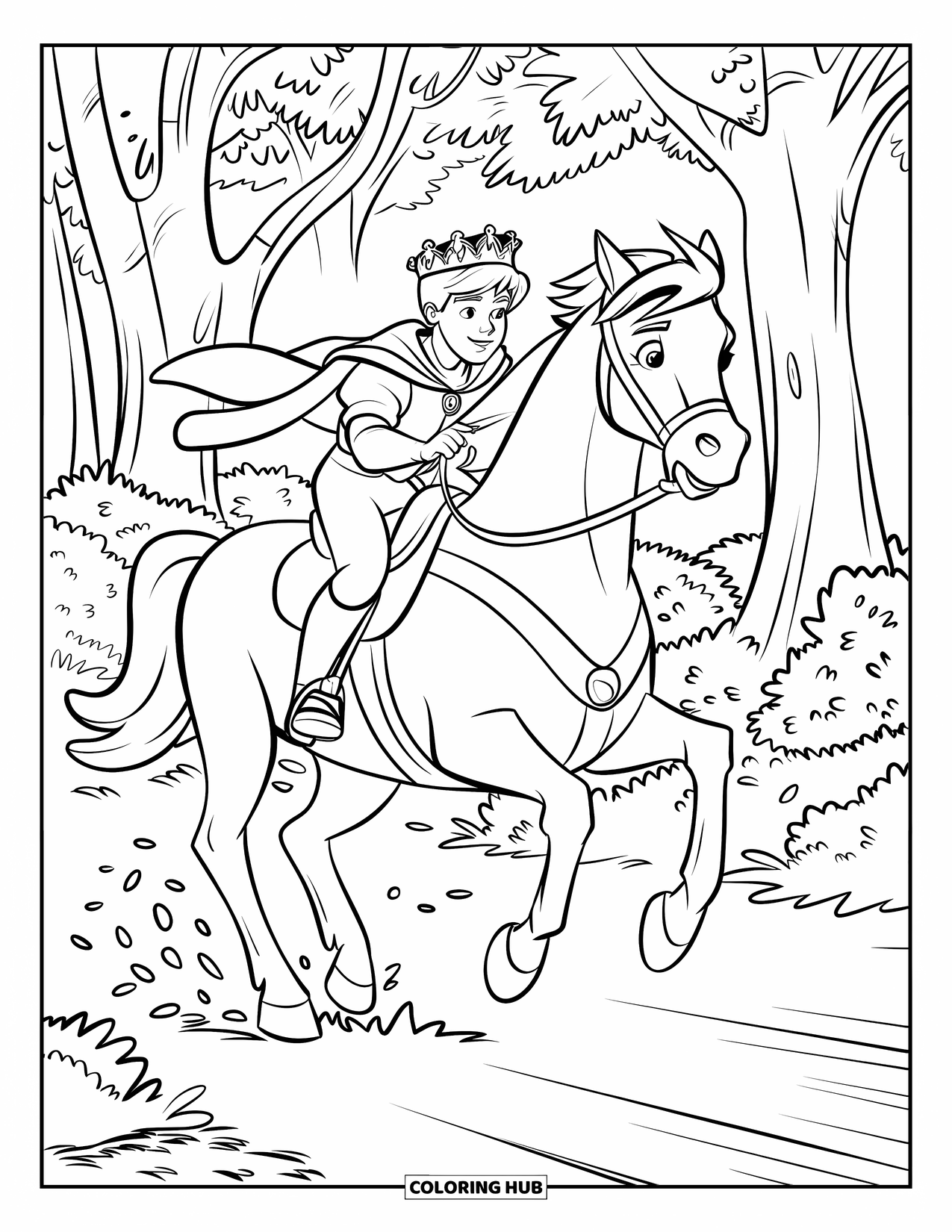 Prince Coloring Page for Kids: A teenage prince rides swiftly through a forest on horseback
