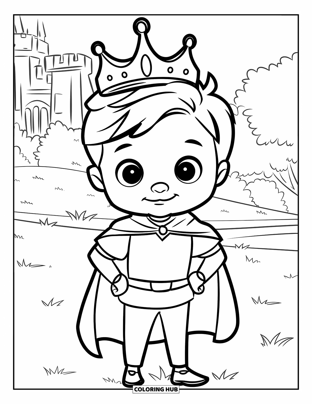 Prince Coloring Page for Kids: A young prince in a cape stands in a grassy field near a castle