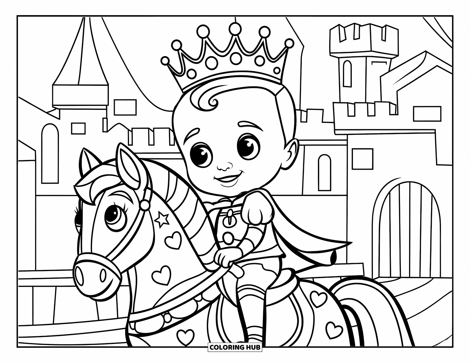Prince Coloring Page for Kids: A young prince rides a hobby horse decorated with stars and hearts