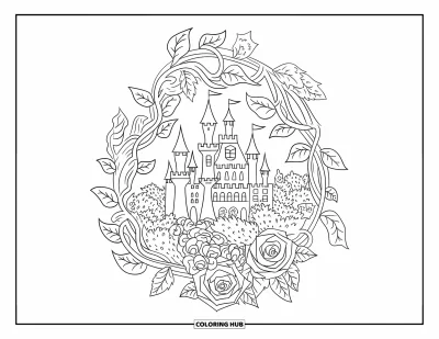 Coloriage de château de princesse pour adultes : Un château est entouré de lianes entrelacées et de roses détaillées aux contours marqués